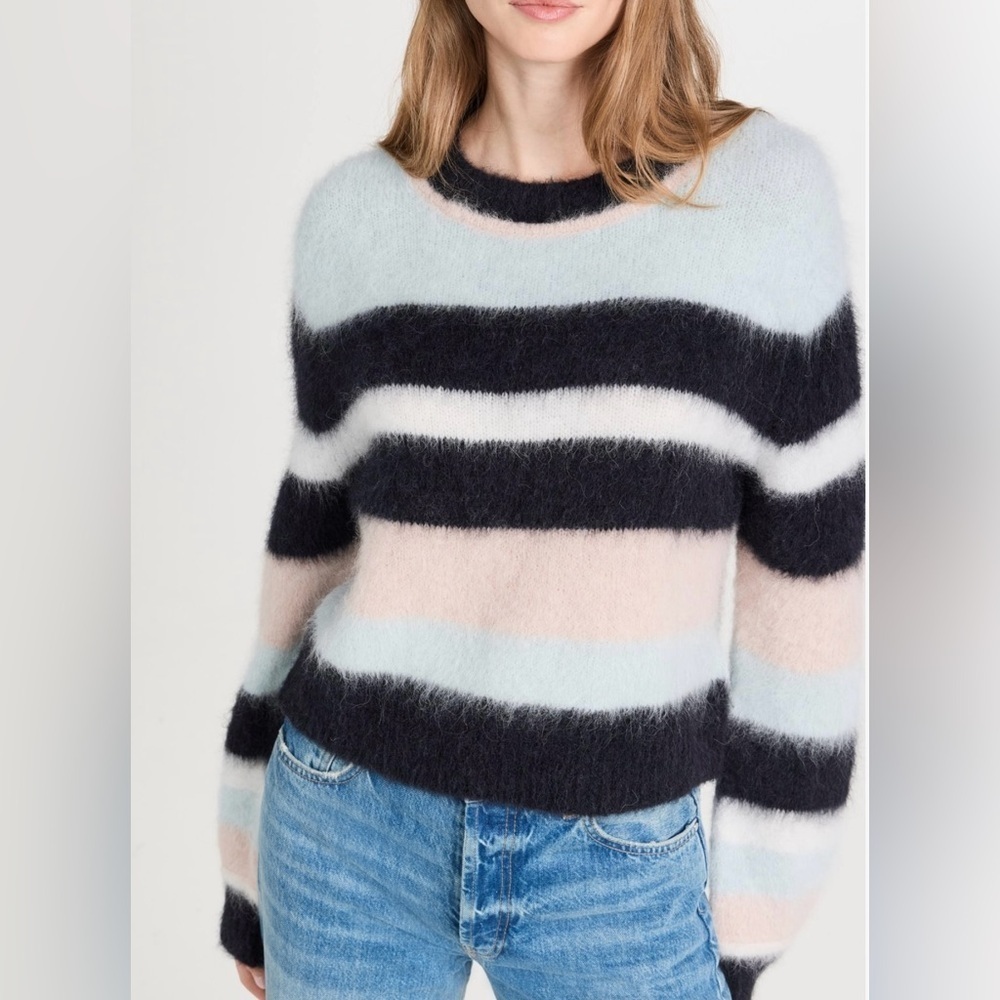 ba&sh Maria Stripe Alpaca Blend Sweater, Crew Neck, Black,Pink,Blue, US 2